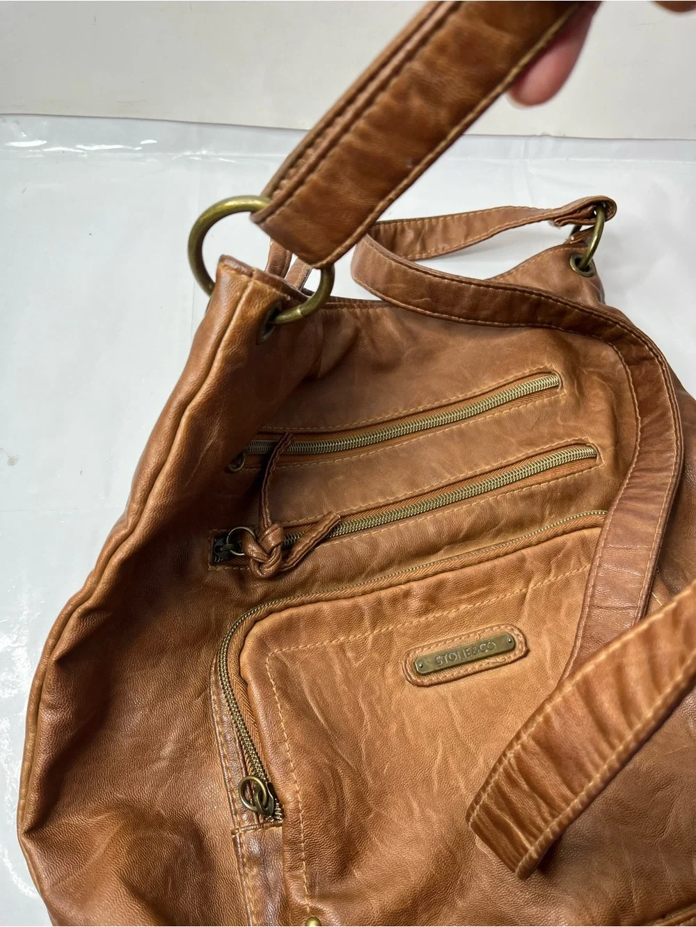 Stone & Co. Tan Leather Messenger Bag with Brass Accents